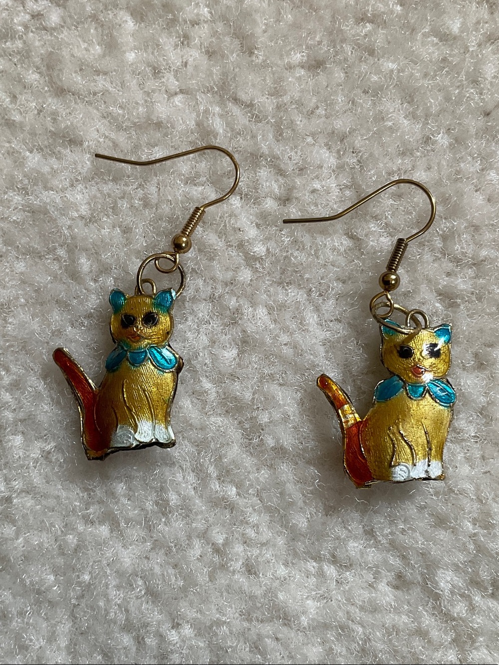 Gold Cat Dangle Earrings with Turquoise Accents - Unbranded